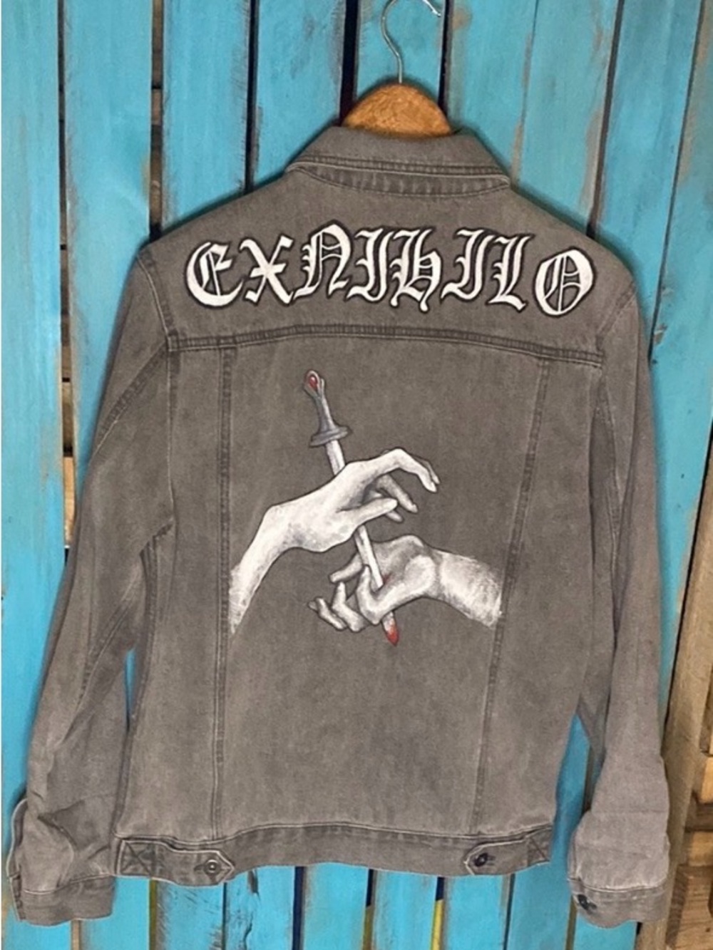Gray Denim Jacket with Graphic Design Old English Ex Nihilo Another Influence M